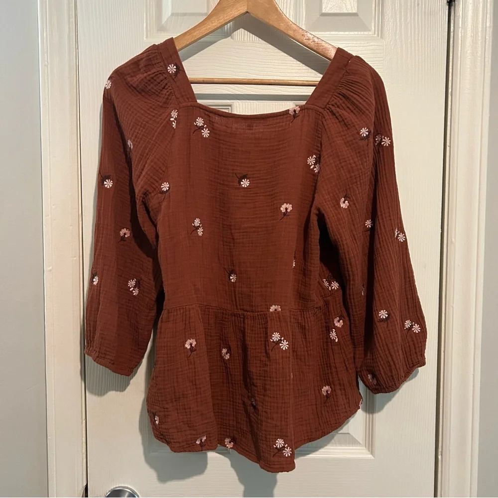 Madewell Amie Floral Embroidered Puff-Sleeve Peplum Top - Size Small